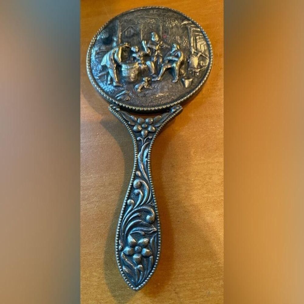 Vintage Danish Hans Jensen Hand Mirror Tavern Scene Floral Handle Silver Plate